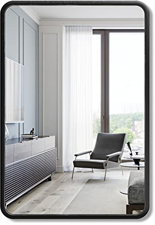 WOWINNE Wandspiegel 40x60 cm Badezimmerspiegel für Wand Rechteck mit Abgerundeten Ecken Badspiegel ohne Beleuchtung für Wand Schwarz Metallrahmen Wandspiegel