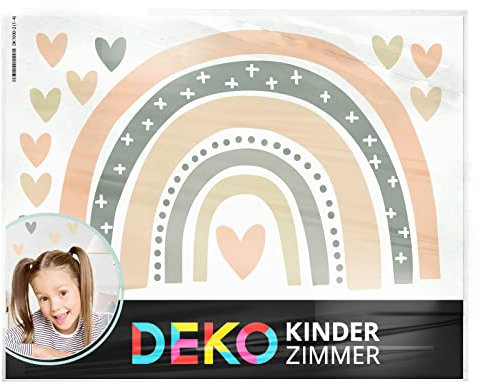 DEKO KINDERZIMMER Wandsticker Regenbogen mit Herzchen Kinderzimmer Wandtattoo Pastell Wandaufkleber für Babyzimmer Mädchen Wanddeko DK1037-21-L