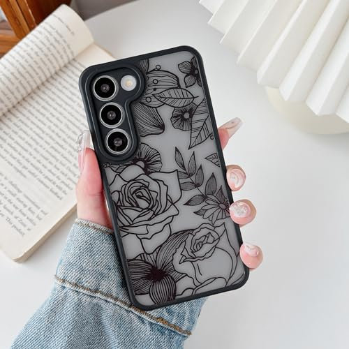 XIZYO Hülle für Samsung Galaxy S23, Transparent Matt Rose Floral Blume Muster Stoßfeste Handyhülle, Weiche TPU Stoßstange Schutzhülle, Schwarz