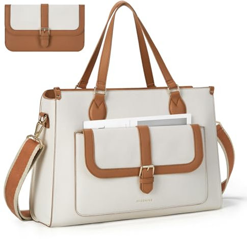 Missnine Borsa per laptop con borsa rimovibile, borsa per computer da 15,6 pollici, in pelle, borsa da lavoro per ufficio, viaggio, Marrone+beige, Large, Cartella in pelle
