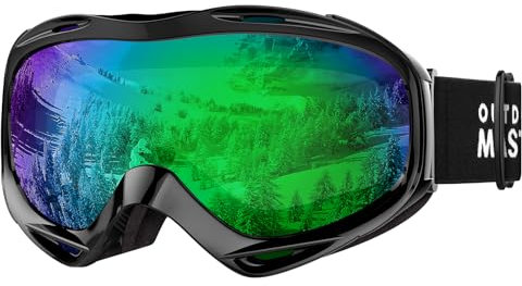 OutdoorMaster OTG Ski Goggles - Over Glasses Ski/Snowboard Goggles for Men, Women & Youth - 100% UV Protection (Black Frame + VLT 32% Green Lens)