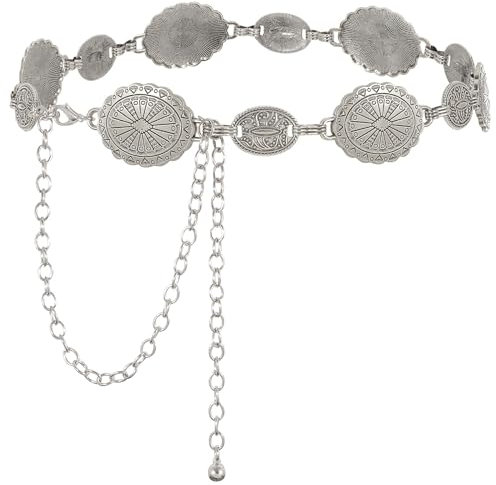 WHIPPY Damen Concho Kettengürtel taillenkette Türkis Taille Gürtel verstellbarer Metall Western Cowgirl Gürtel für Kleid，Silber 150cm
