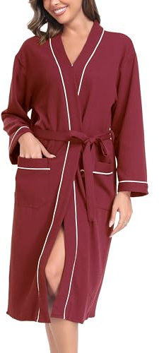 Vlazom Waffle Dressing Gowns Unisex Kimono Robe Cotton Lightweight Bathrobe for All Seasons Spa Hotel Sleepwear Wine Red, L