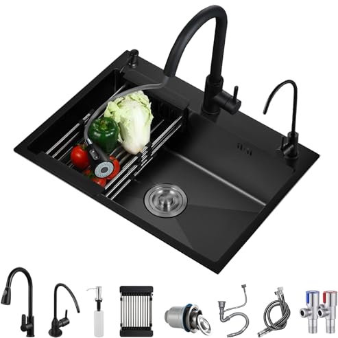 KELINGOUD Fregadero De Cocina De Acero Inoxidable, Color Negro, 1 Cuenco, Fregadero De Cocina Grande, Con Cesta Plegable Y Dispensador De Jabón, Sifón Y Rebosadero (60 x 45 cm)