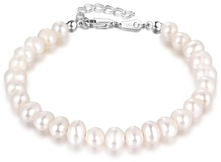 SILBERTALE Bracciale da donna con perle d'acqua dolce, 5 – 6 mm, in argento Sterling 925, lunghezza regolabile, 16 + 3 cm/19 + 3 cm, 19+3CM