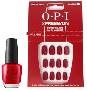 OPI xPRESS/ON Press On Nails & Cuticle Oil, 30 Pcs Reusable False Nails with up to 14 Days of Wear, Deeply Nourishing Cuticle Oil, Gel-Like Salon Manicure, Vegan, Big Apple Red Red Nail Polish