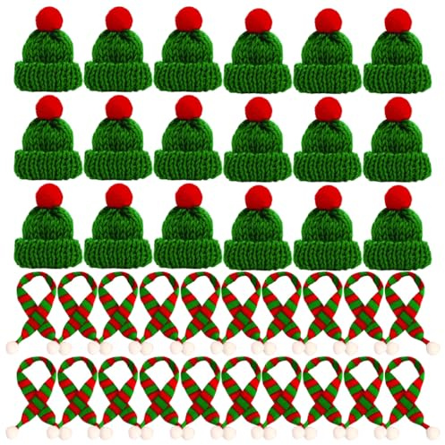 ViLiyDuo 50 Stück Mini Strickmützen Mini Weihnachtsmütze und Schal Set, Weinflache Hut Mini Wollmütze DIY Handwerk Hüte Puppen Hut für Weinflasche Deko