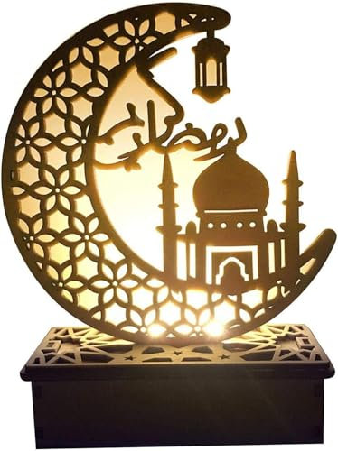 KATELUO Ramadan LED Holz Lampe, Ramadan Mond Nachtlicht Mubarak Ramadan LED Muslim Nachtlicht, LED Mond Schreibtischlampe Nachttischlampe Ramadan Dekoration Lichter für Muslimische Festival Geschenke