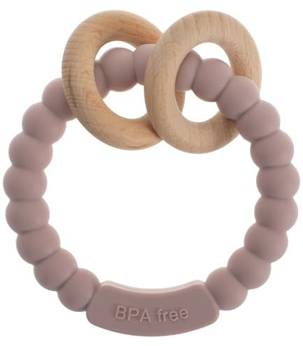 meanus Beißringe für Babys, Beißring Spielzeug aus Silikon und Buche, BPA-frei (Dusty Lilac)