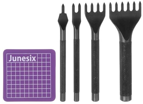 sourcing map 4pcs Leather Prong Punch 6mm 1/2/4/6 Prong Diamond Lacing High Carbon Steel Leather Stitching Punch Chisel Hole Punches Punching with 6mm Cutting Mat for Leathercraft DIY