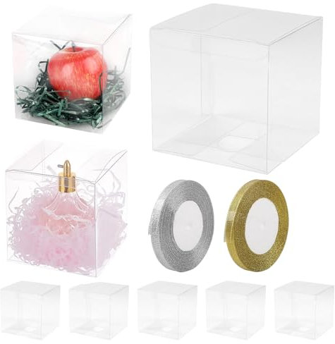 lalago 30pcs Kunststoff Geschenkbox Plastik Weihnachten Transparent Kunststoff Geschenkboxen für Verpackung Hochzeitsbevorzugungsboxen Süßigkeiten mit 2 Rollen Gold- und Silberbändern(12x12x12cm)