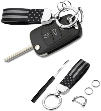 deemars Bandera de Los Estados Unidos de América, Llallade de Cuero de Microfibra con Anillo de Aleación de Zinc, Bandera Llavero Universal Coche Accesorios (Negro Bandera+Plateado)