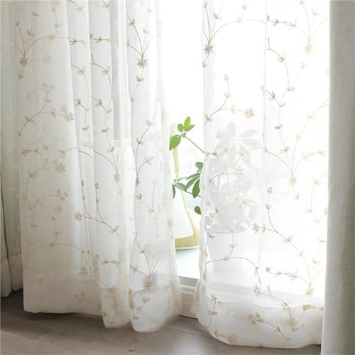 Freyamy Boho Blumen Gardinen für Schienensystem,Bauernhaus Landhausstil Weiß Voile Vorhänge Outdoor Romantisch Halbtransparent Vorhänge Wohnzimmer Vintage Stores Vorhang 160x150 cm (HxB) 2 Stück