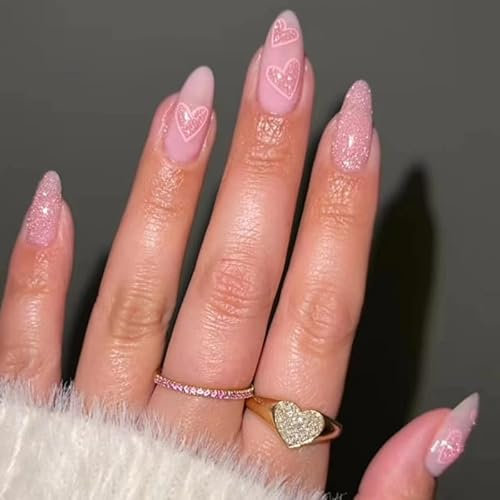 24pcs Medium Length False Nails Almond, Glitter Pink Press on Nails Love Heart Fake Nails Glue on Nails Cat Eye Stick on Nails Removable Acrylic Nails Gifts Women Nail Art Accessories