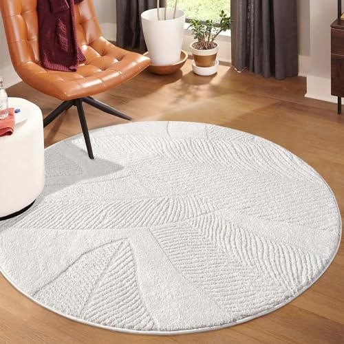 carpet city Kurzflor Teppich Creme - 120 cm Rund - Wohnzimmer-Teppiche Hochtief-Muster, 3D-Effekt - Florales Muster - Flachflor Bodenbelag, Deko Schlafzimmer