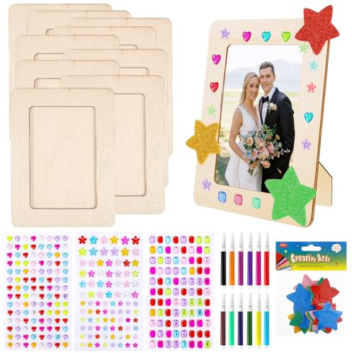 10x Bilderrahmen Bastelset Holz für Kinder - Holzbilderrahmen Set mit Aquarellstift - Selbstklebende Glitzersteine & Glitzersteine - DIY Handwerk Fotorahmen zum Selbstgestalten für Junge,Mädchen