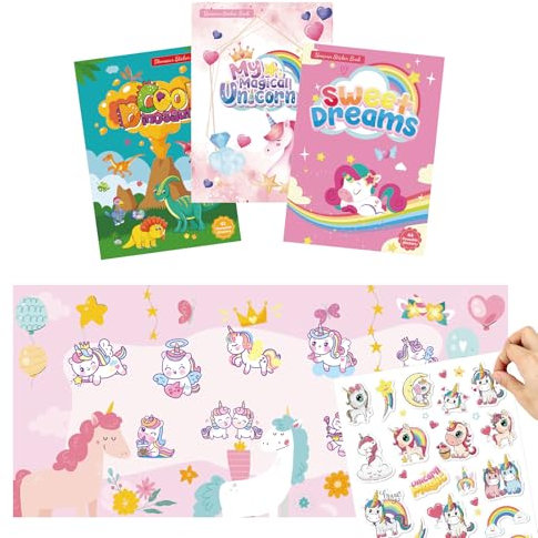 HEOUCH 3 Pezzi Libro Stickers Bambini, Libro Adesivi Attacca e Stacca Bambini, Attacca e Stacca Impermeabile, Adesivi per Bambini, Facili da Staccare e Attaccare su Superfici Lisce