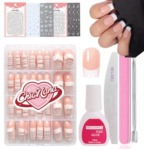 French False Nails Kit, 240Pcs Press On Nails Short Square False Nails With Glue Acrylic Fake Nails 12 Sizes French White Tip Stick On Nails For Women (Square- Nude)