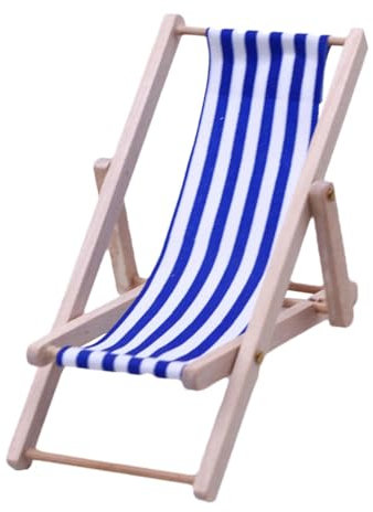 Sghtil Miniatur-Strandstuhl, Deko-Puppen-Liegestuhl, Handyhalter, Stuhl, Klappstuhl, Sitz aus blauem und weißem Stoff