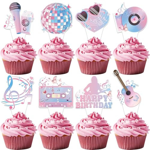 24 Stück Girls Pop Happy Birthday Era Tortenaufsatz,Rosa Cupcake-Dekorationsset,Perfekte Party Deko für Mädchen,für Fans feiern, Hochzeit,Brautparty,Prinzessin Geburtstagstorte und Gitarrenparty