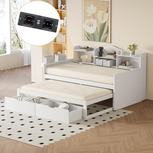 Tagesbett Schlafsofa 90x200, Holz Multifunktionsbett mit Ausziehbarem Bett 90x190&2 Schubladen&USB-Steckdose&großem Staufach&Ablagekorb, Einzelbett Massivholzbett mit Lattenrost, Ohne Matratze, Weiß