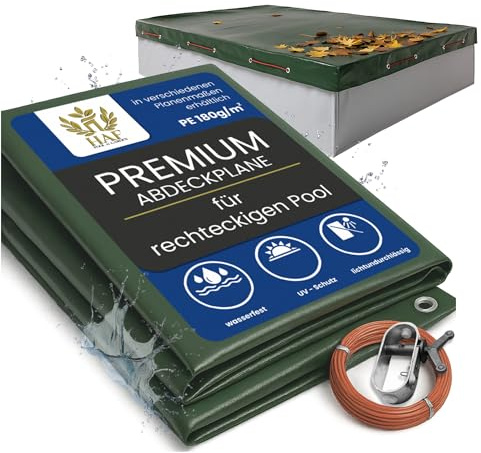 HAF - Poolabdeckung Rechteckig für Pools 700x350 cm (Planenmaß 780x430 cm) – Winterfeste Abdeckplane zur Poolabdeckung im Sommer und Winter – Poolplane (Winterabdeckung) aus wasserdichtem PE 180g/m²