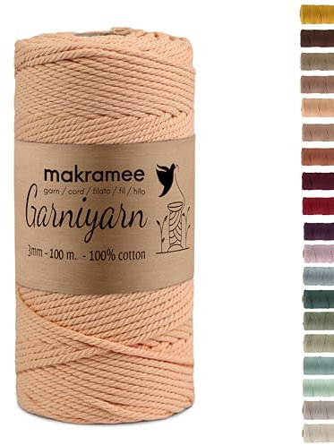 GARNIYARN Premium Makramee Garn 3mm – Weiches Baumwollseil für Macrame, DIY-Bastelprojekte, Wandbehänge, Pflanzenhänger und Wohnaccessoires, Stricken – 100% Natürlich Cotton – (Pfirsichflaum, 100m)