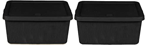 2 x 7L Black Small Ribbed Storage Box with Lid, Durable Plastic Basket Organiser for Home, Office, Stackable & Storage Bin for Toys, Crafts, & Closet, Shelf, Shelves Container with Secure Lid