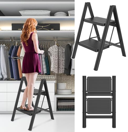 NAIZY Escalera plegable de 2 peldaños, pequeña escalera con estribo ancho, escalera plegable de metal, capacidad de carga hasta 270 kg