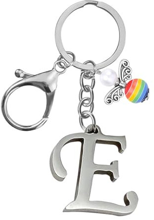 Porte-clés pour homme et femme en métal avec lettre de l'alphabet personnalisable avec breloque ange, cadeau d'amitié, cadeau de 18e anniversaire, porte-clés de voiture (E)