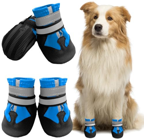 Muecleao Hundeschuhe Pfotenschutz, 4 Stück Wasserdicht Anti-Rutsch Hundestiefel mit Rutschfester Sohle und reflektierendem Klettverschluss, Schuhe für kleine, Mittlere und Große Hunde (Blue, M)