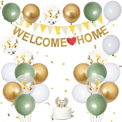 Sage Green Welcome Home Decorations, 12 Inch White Gold Welcome Home Banners Bunting Balloons and Cake Topper Set, Confetti Latex Balloons for Home Family Wedding Baby Shower Party Decorations