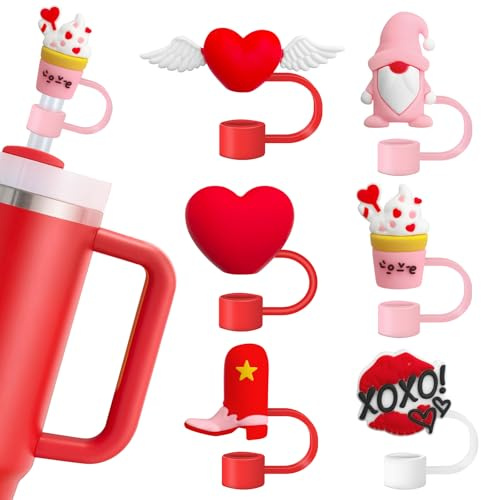 6Pcs Valentine Straw Covers Cap for Stanley Cup，Cute Silicone Straw Topper for 10mm Drinking Straw Tip Covers Stanley Cup Accessories