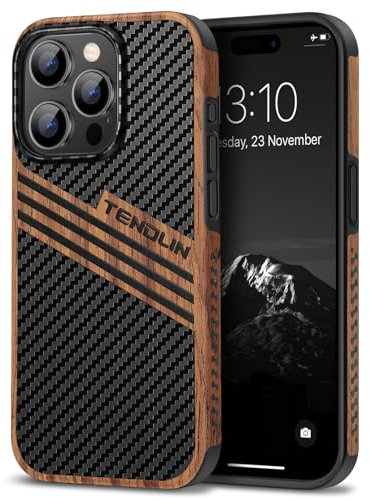 TENDLIN Kompatibel mit iPhone 15 Pro Hülle Holz und Carbon Textur Design Leder Hybrid Handyhülle (DREI Streifen)