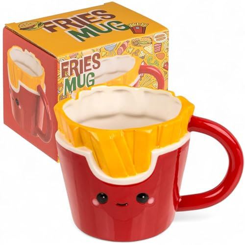 MIJOMA Kaffeebecher Kawaii Fries – Lustiger Henkelbecher 420ml aus Dolomit im Pommes Design – Originelle Tasse für Büro, Kinder & Fast-Food-Fans