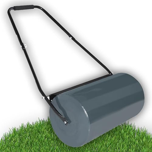QEENTOE Rasenwalze Befüllbar mit Sand/Wasser Bis zu 46L Handwalze Gartenwalze mit Schmutzabweiser & Griff Gartenfräse Garten Walze Rasen Ackerwalze Walzenrolle Zum Planieren - Anthrazit