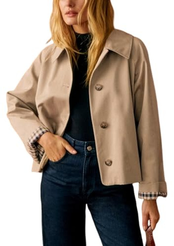 Yeokou Women Oversize Trench Coat Plaid Lining Lapel Button Down Casual Crop Jacket Outwear with Pockets(Khaki-L)