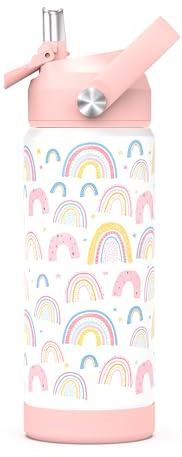 Girls Water Bottle with Straw,550 Ml Kids Insulated Cups with Stainless Steel Leak Proof for School,Sport&Travel(Rainbow)