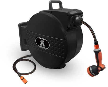 Retractable Garden Hose Reel, 30m Wall-Mounted Garden Hose with Automatic Rewind, 10-Function Spray Nozzle, 150° Swivel Bracket, Heavy-Duty Leak-Proof Design, Black (Black)