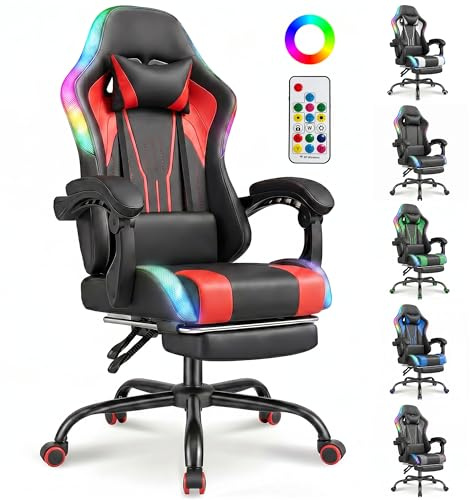TRIUMPHKEY Silla de Juegos con Luz RGB LED de Estilo Gaming, 366 Modos de Efecto de Luz, Tela PU Resistente a la Suciedad, Reposabrazos Sincronizados, Almohada Lumbar de Masaje USB (Rojo)