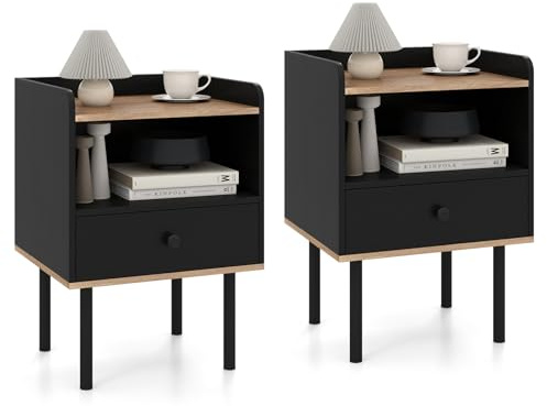 COSTWAY Table de Chevet Lot de 2, Table de Nuit avec Tiroir, Étagère de Rangement Ouverte, Pieds en Métal, Bout de Canapé, Chevet de Lit Moderne pour Salon, Chambre, Petits Espaces, Noir