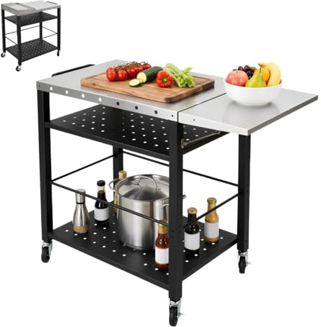 Carrello da barbecue con 4 ripiani Tavolo da pizza con tavolino pieghevole e 4 ruote Carrello da barbecue Tavolo da servizio da giardino Carrello da esterno 80 * 50 * 83 cm