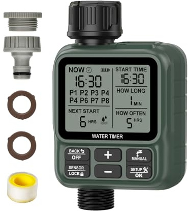 Shrivee Programmatore di Irrigazione a Batteria 1 Via Automatica Sensore Pioggia Timer Irrigazione per Giardino/Prato/Orto/Vasi