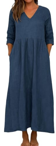 Women's 3/4 Sleeve Linen Dresses Casual Oversized V Neck Cotton Linen Maxi Dresses with Pockets Calssic Flowy Solid Color Summer Beach Vacation Long Dress