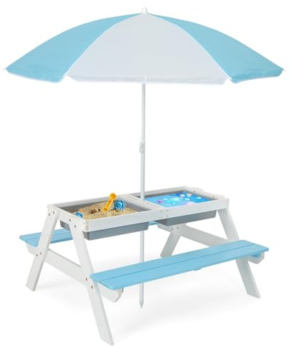 GOPLUS Mesa Infantil con Banco y Sombrilla, 3 en 1 Banco Convertible con Bandeja Extraíble y 2 Cajas de Almacenamiento, Mesa de Actividad de Madera para Exterior Jardín (Verde+Blanco) (Azul)