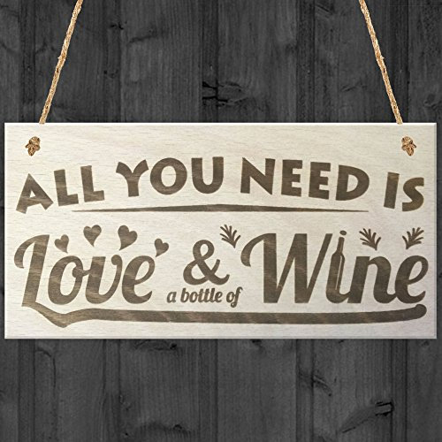 Red Ocean All You Need Is Love & A Bottle Of Wine Wooden Hanging Plaque Funny Friendship Sign Gift