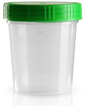 Urinbecher 50 x 125 ml/Farbe: Natur/Schraubdeckel: Grün/mit Graduierung/hygienisch verpackt/mit Beschriftungsfeld auf Becher und Deckel