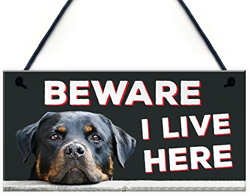 Red Ocean Beware I Live Here Rottweiler Hanging Outdoor Dog Warning Sign Gate Security Plaque