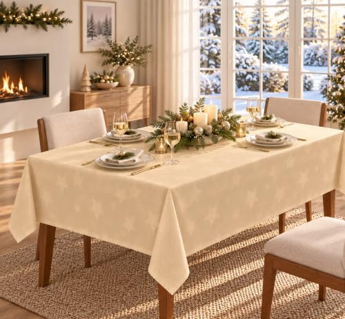 KAMACA Tischdecke Magic Stars 130x160cm Gold Sterne Lotuseffekt Fleckschutz | Goldfarbene Tischdecke mit Sternen-Jacquard, 130 x 160 cm, Lotus-Effekt, Fleckschutz, formstabil und waschbar bei 30 °C