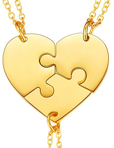 U7 Jigsaw Pendant & Rolo Chain, Heart Necklace, 3 Piece Blank Puzzle Pendants, Make Up A Heart, 3 Pieces Suit Necklace, BFF Necklace, Gold Plated Stainless Steel Jewelry Necklace